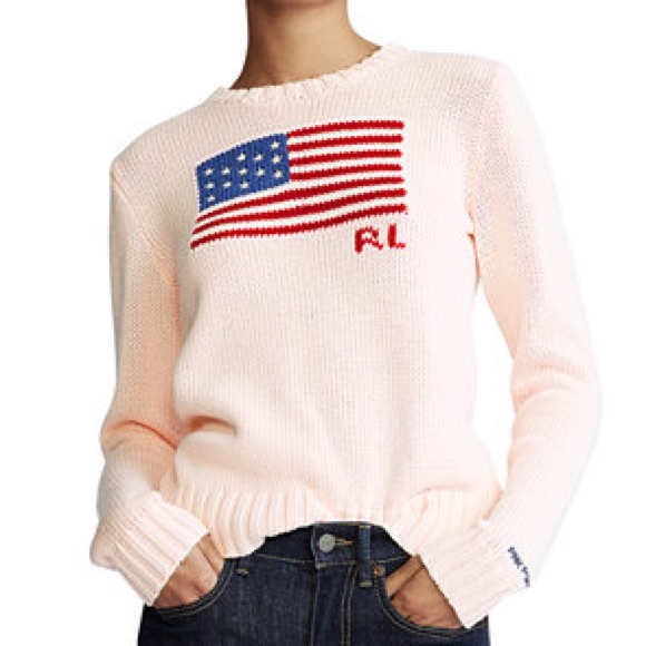 RARE Ralph Lauren Pink Pony American Flag Sweater USA Knit Crewneck - XS - Picture 2 of 7